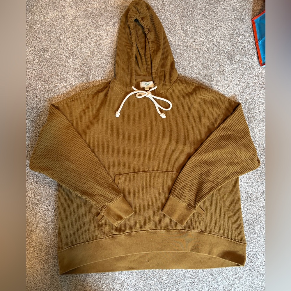 Mustard Hooded Waffle Sweatshirt with Drawstring